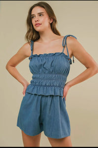 Light indigo denim tie strap short romper