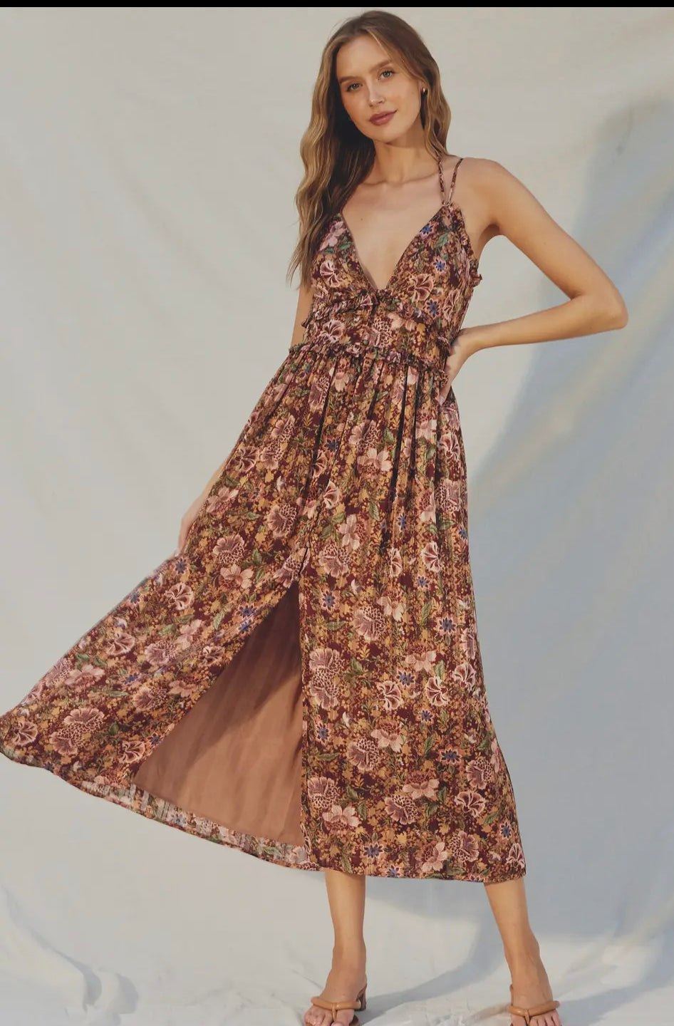 Maple Brown flowered maxi dress