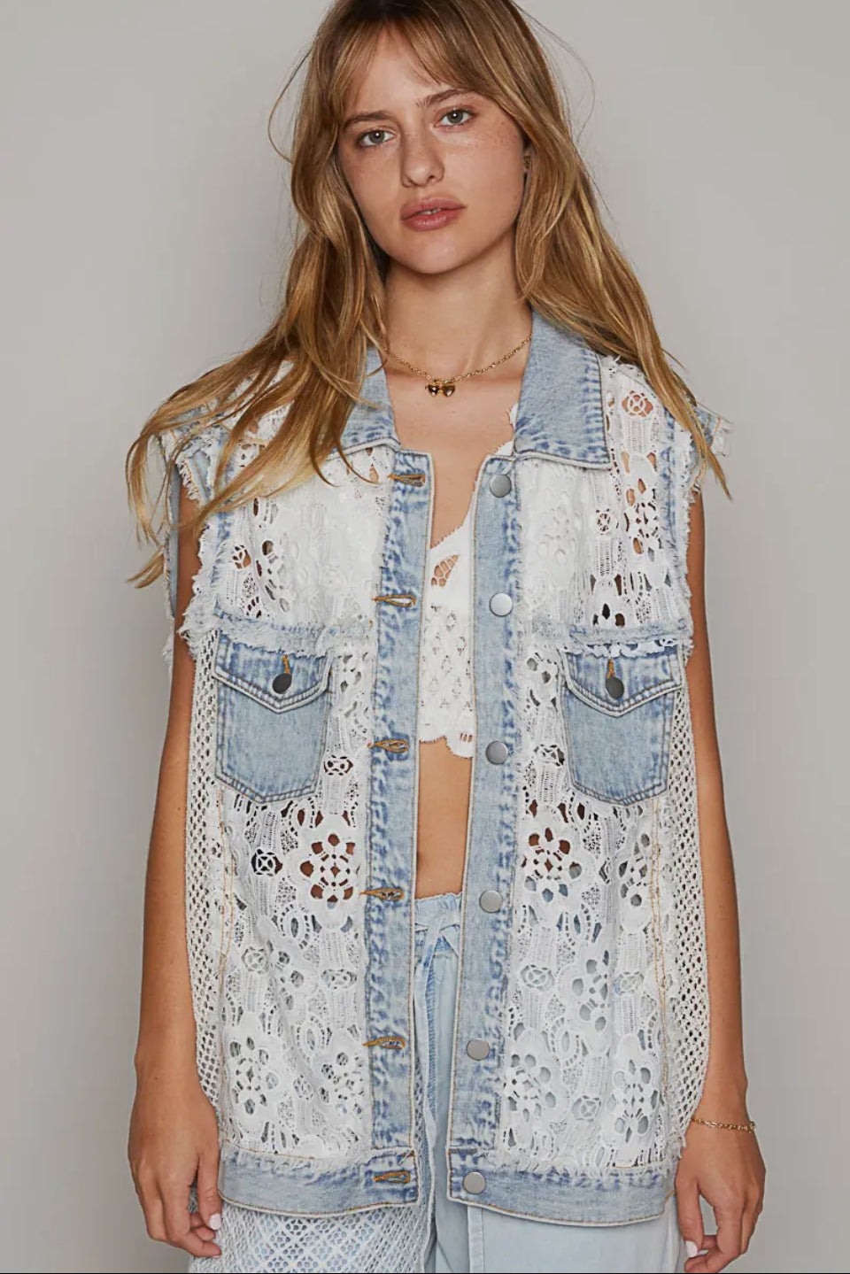 Oversized crochet lace denim vest