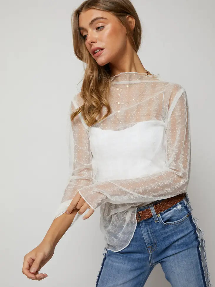 Turtle Neck Lace Dotted Stretch Mesh Sheer Top
